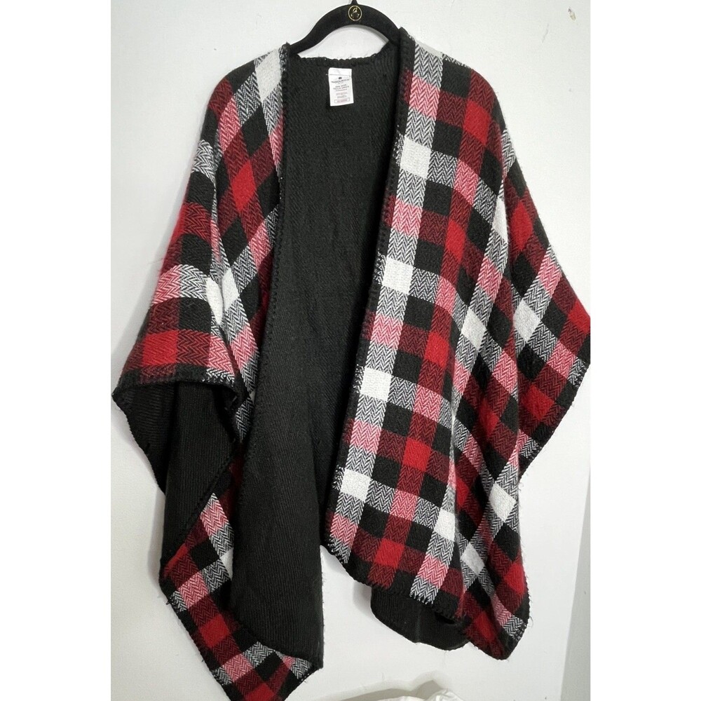 WOOLRICH Reversible Red Black Grey Plaid Poncho One Size Dark Academia